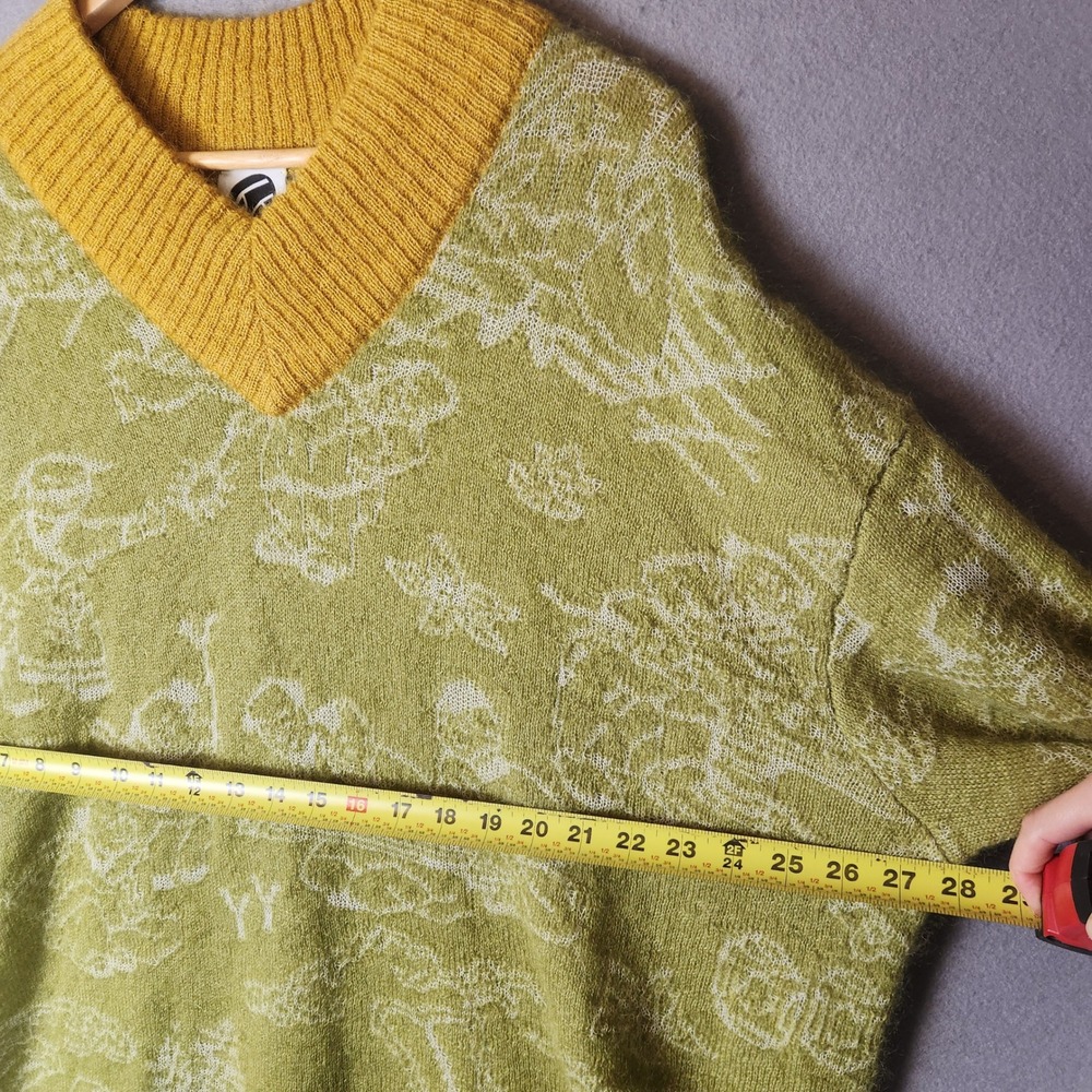Yanyan Knits Sweater XS Green Yellow Colorblock Jaquard Motif Oversized Mohair - Picture 7 of 11